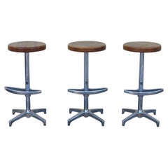 Set of 3 Mid-Century Modern Butcher Block & Chrome Swivel Bar Stools, 1970s