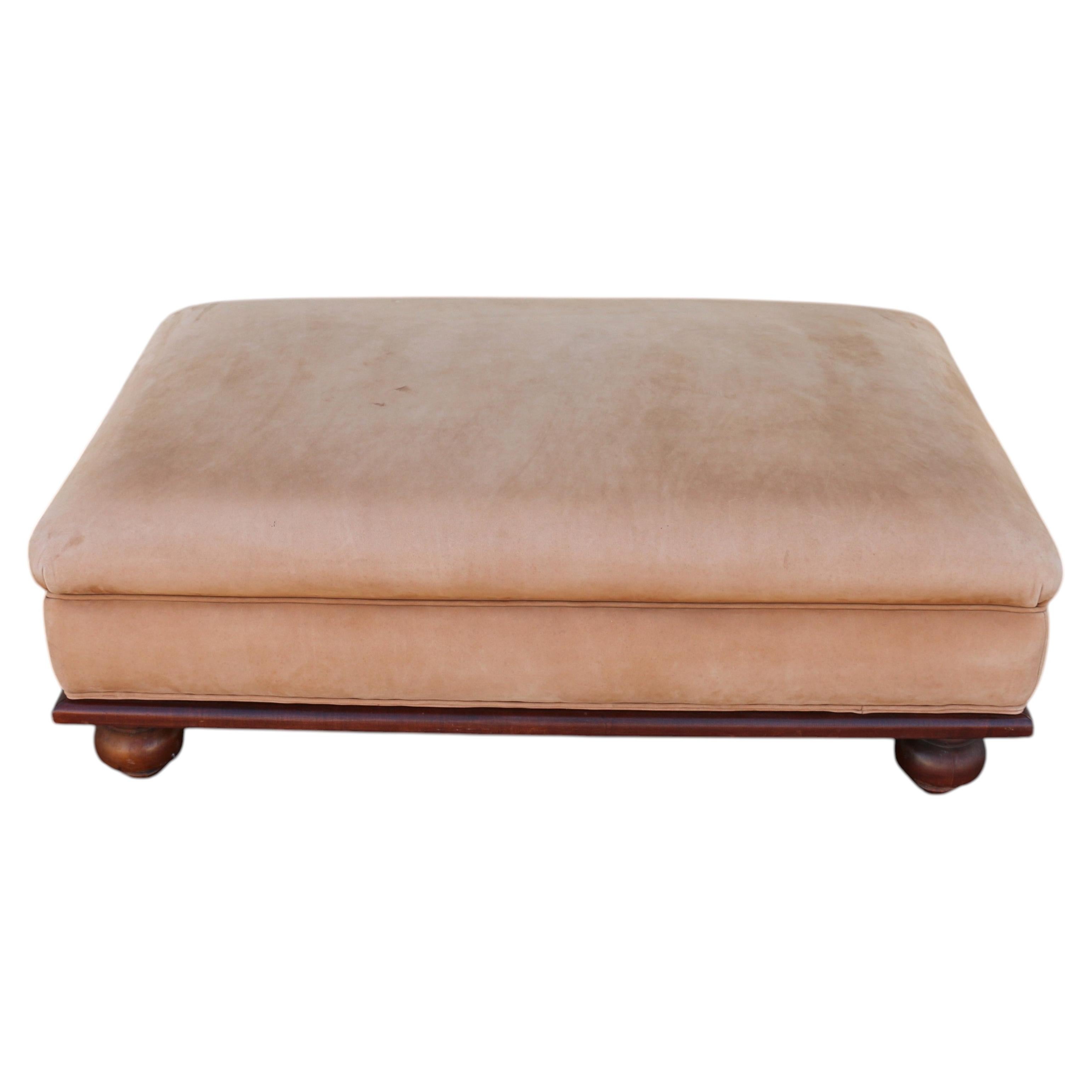 Oversized Vintage Ralph Lauren Tan Leather & Wood Ottoman With Bun Feet