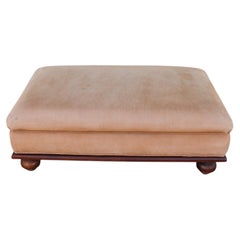 Oversized Vintage Ralph Lauren Tan Leather & Wood Ottoman With Bun Feet