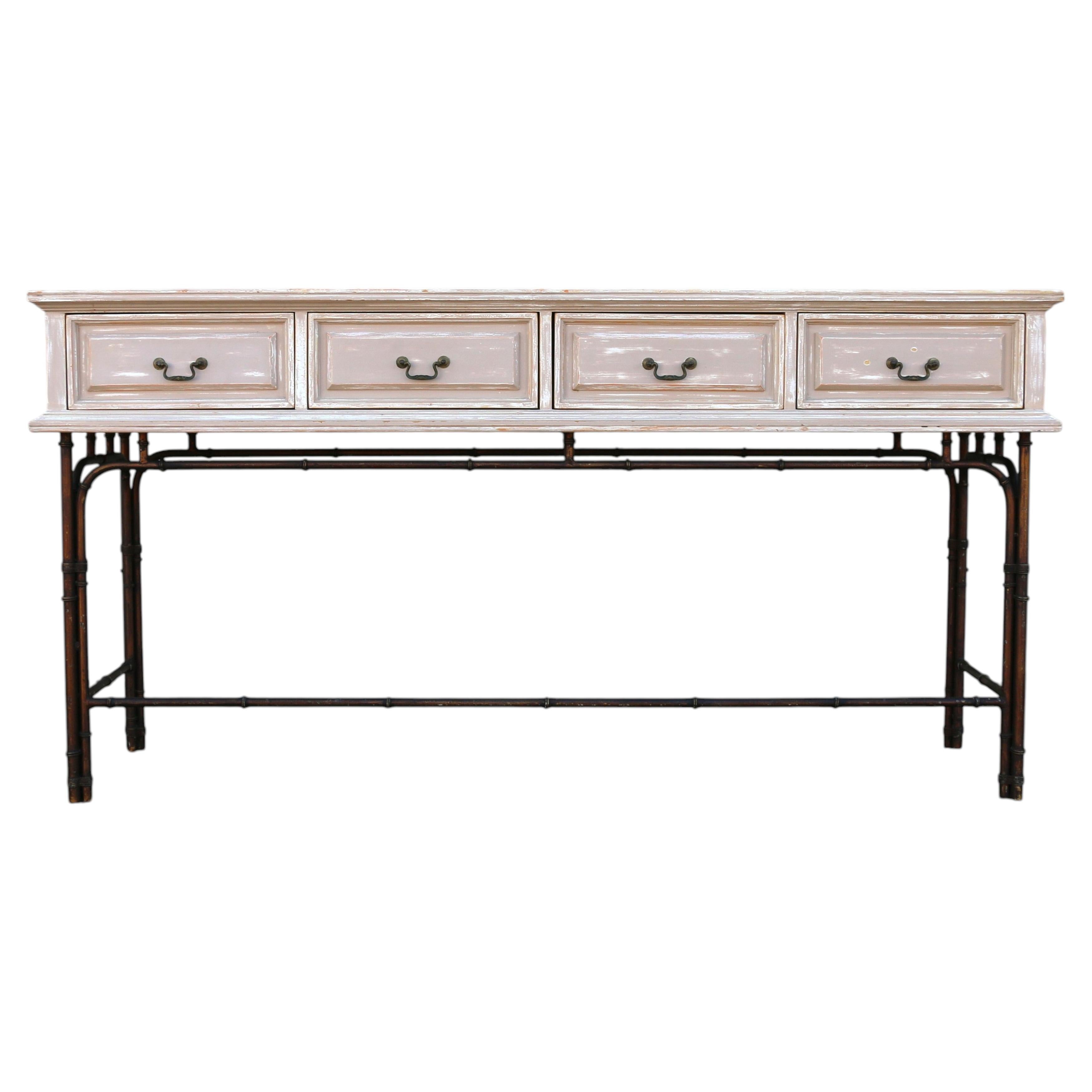 1970s Hollywood Regency Faux Bamboo Metal & Wood Four-Drawer Console Table For Sale