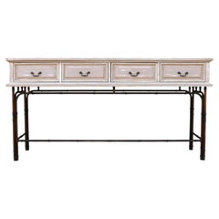 1970s Hollywood Regency Faux Bamboo Metal & Wood Four-Drawer Console Table