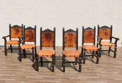 Set of 6 Spanish Revival Carved Wood & Tan Leather Dining Chairs