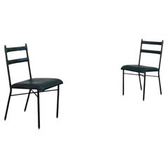 Pair of Jacques Adnet Green Leather & Black Metal Dining Chairs, France 1950s