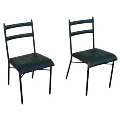 Pair of Jacques Adnet Green Leather & Black Metal Dining Chairs, France 1950s