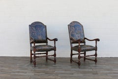 Pair of Early 18th Century Carved Wood Armchairs With Embossed Leather Upholster