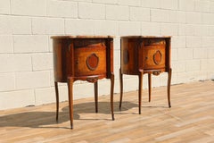 Pair Antique French Louis XV Style Marble Top Inlaid Wood Nightstands