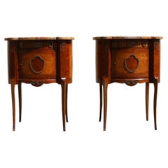 Pair Antique French Louis XV Style Marble Top Inlaid Wood Nightstands