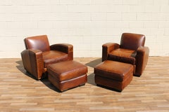 Vintage Pair Art Deco Revival Distressed Brown Leather Club Chairs & Ottomans