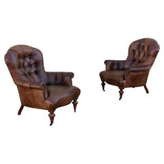 Pair of Vintage 1980s Distressed Brown Leather Tufted Library Armchairs