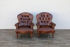 Pair of Vintage 1980s Distressed Brown Leather Tufted Library Armchairs
