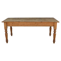 Vintage 1980s English Farmhouse Solid Pine Dining Table With Drawer & Turned Leg