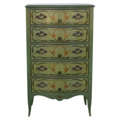 1950s French Provincial Hand-Painted Green Tall Chest of Drawers