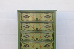 1950s French Provincial Hand-Painted Green Tall Chest of Drawers