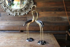 Vintage Hollywood Regency Brass Crane Sculptures, Pair, 1970s Design