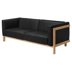 LIFT - Minimalist 3 Seats Sofa in Solid Oak Wood and Black Leather Seat