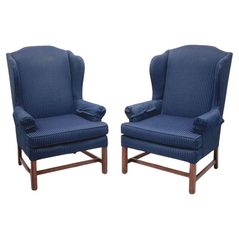 Vintage Mahogany Frame Chippendale Style Wing Back Chairs in Navy - Pair For Sale