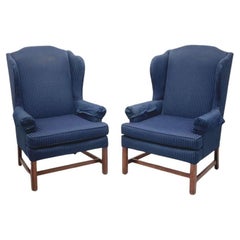 Retro Mahogany Frame Chippendale Style Wing Back Chairs in Navy - Pair
