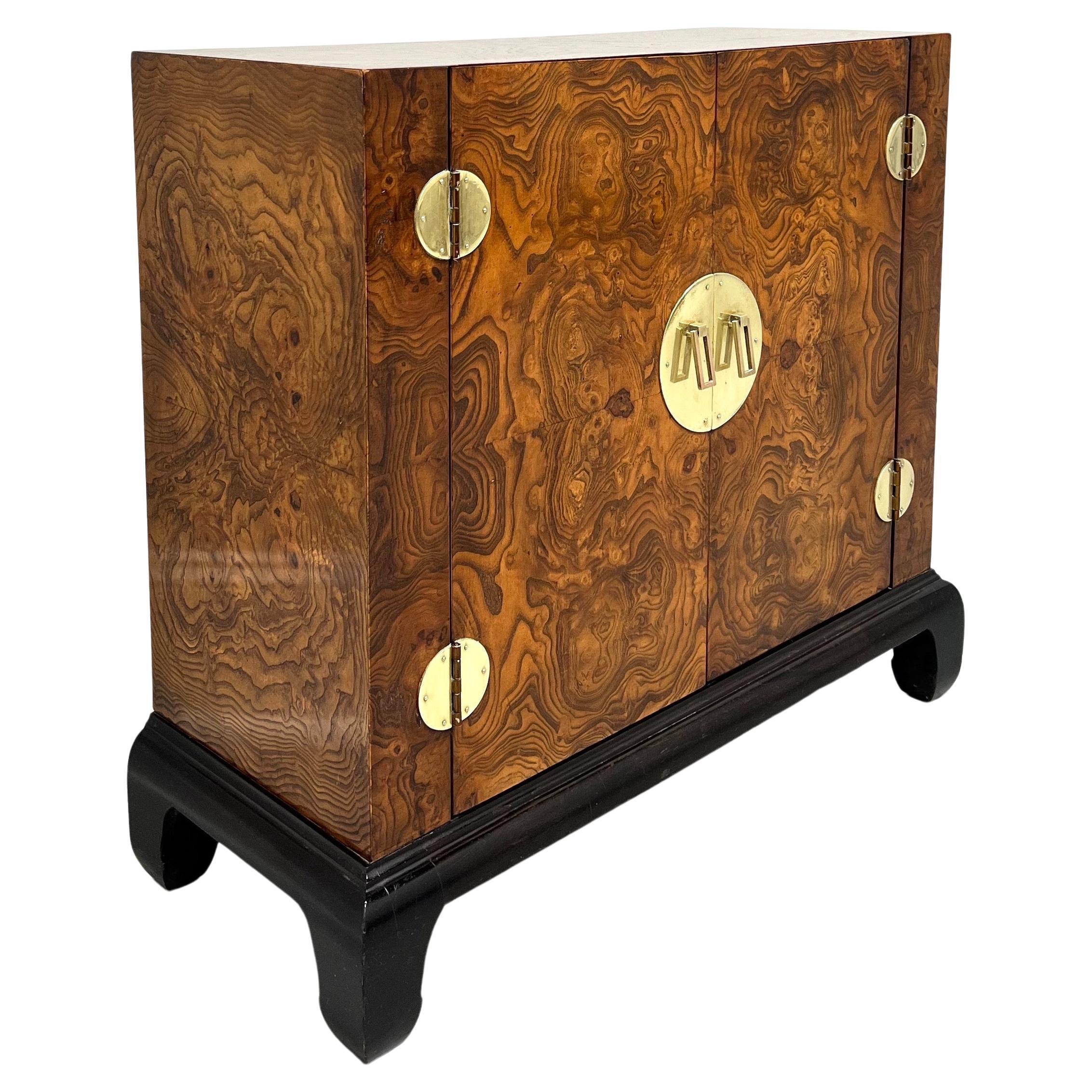 Late 20th Century Burlwood Asian Ming Style Narrow Console Cabinet For Sale