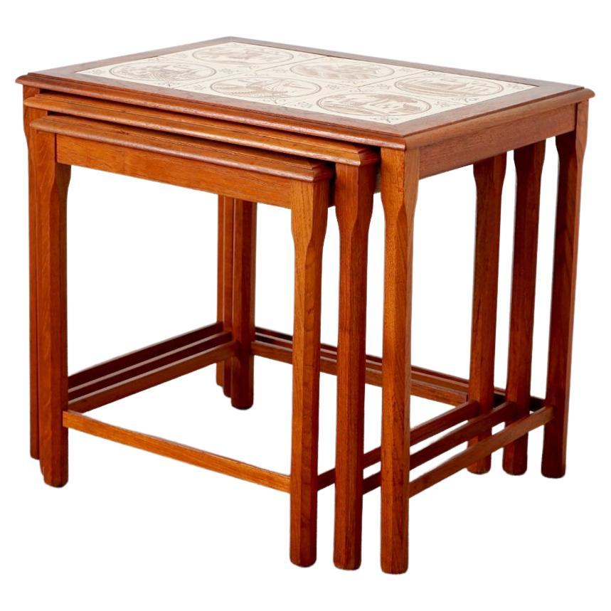 1960's Mid-Century Modern Teak & Tile Danish Nesting Tables