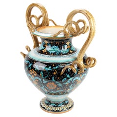 Vase Amphora Decorated Ornament Handles Majolica Renaissance Style Orange Blue