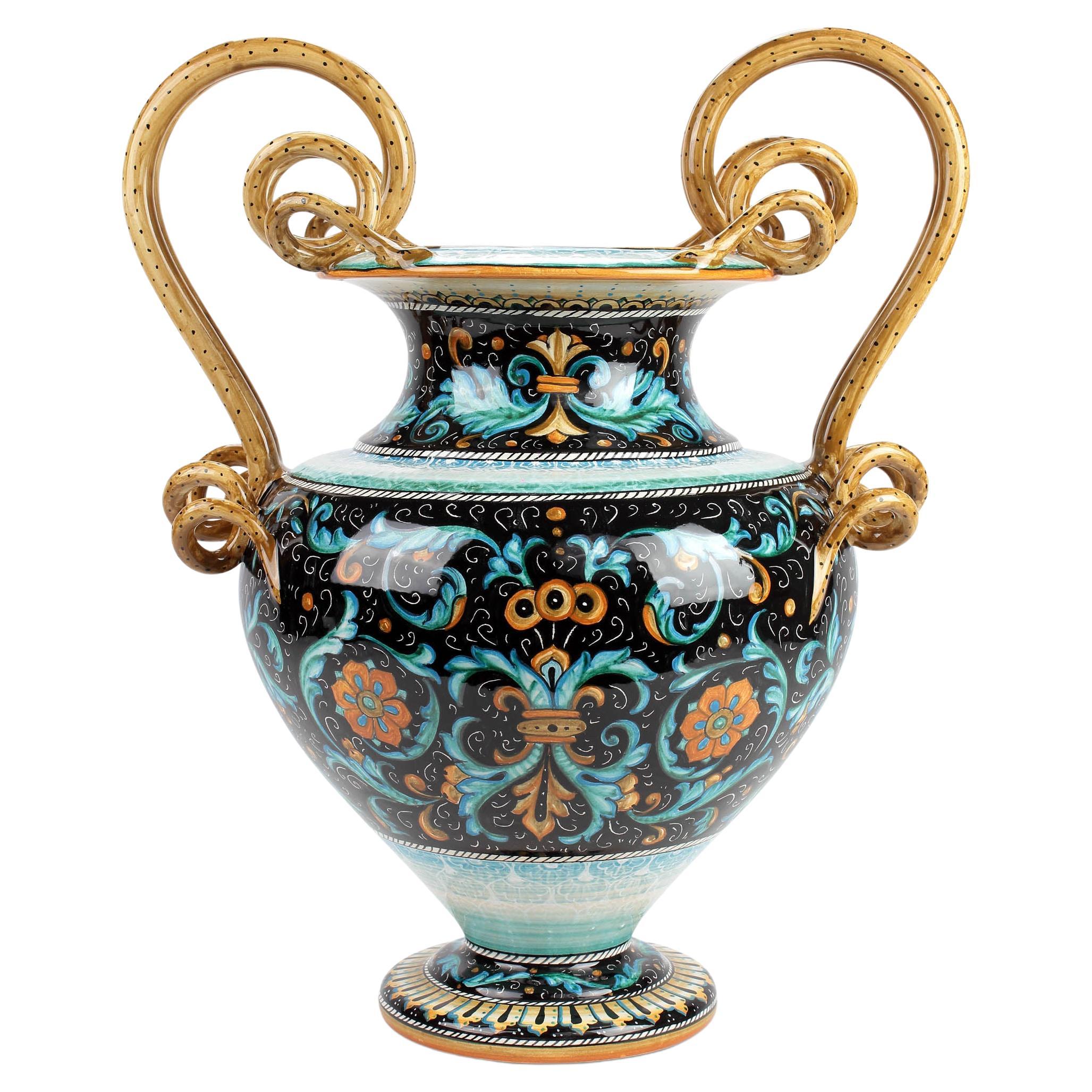 Vase Amphora Decorated Ornament Handles Majolica Renaissance Vessel Orange Blue