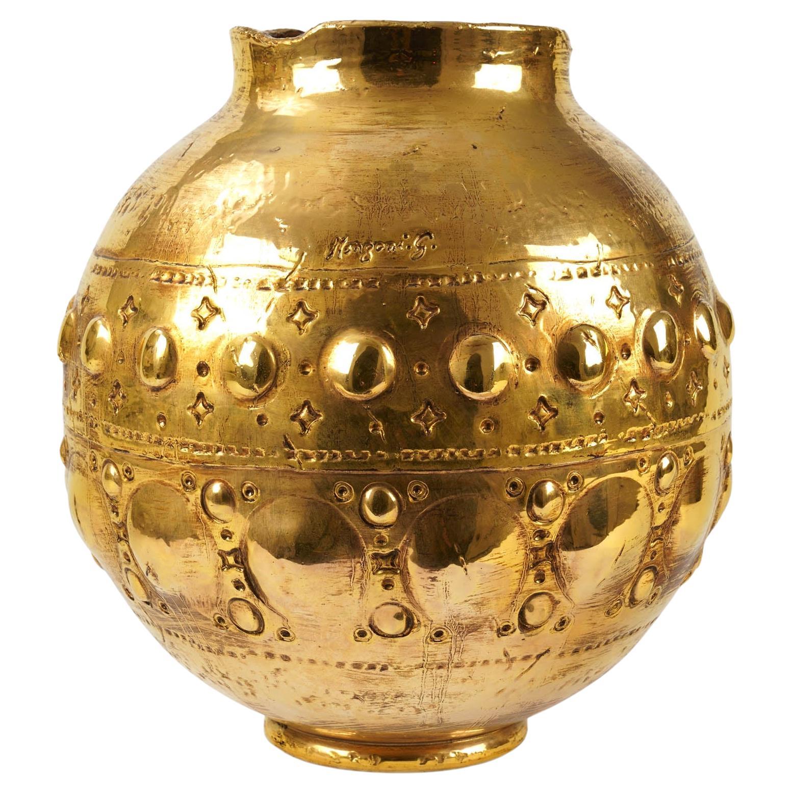 Vase en céramique, vase lustré or 24 carats, pièce maîtresse sphérique, Italie