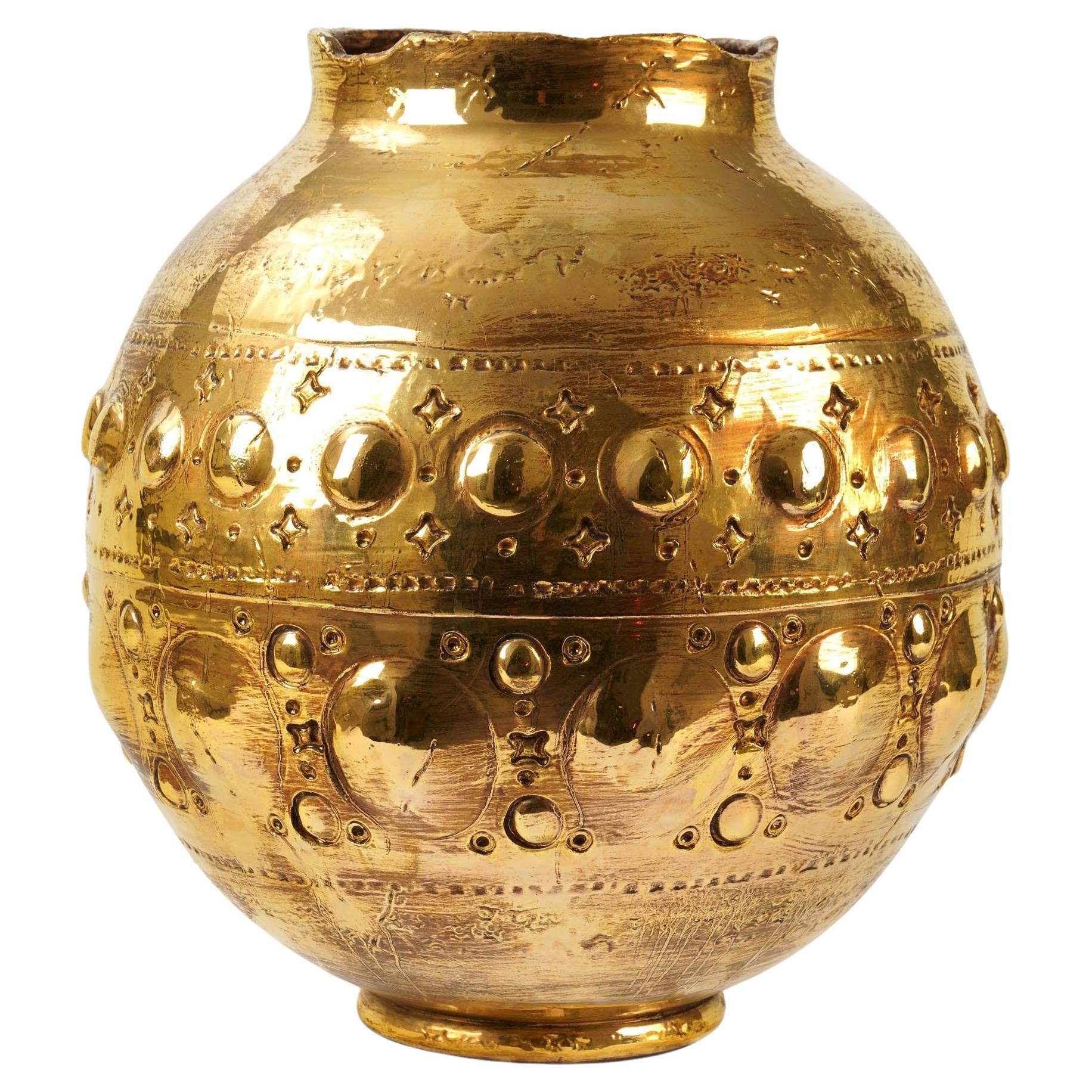 Vase en céramique, vase lustré or 24 carats, pièce maîtresse sphérique, Italie
