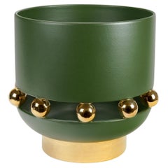 Jarrón Grande, Acabado Mate Verde Oliva, Esferas Brillo Oro 24kt, Hecho a Mano Italia