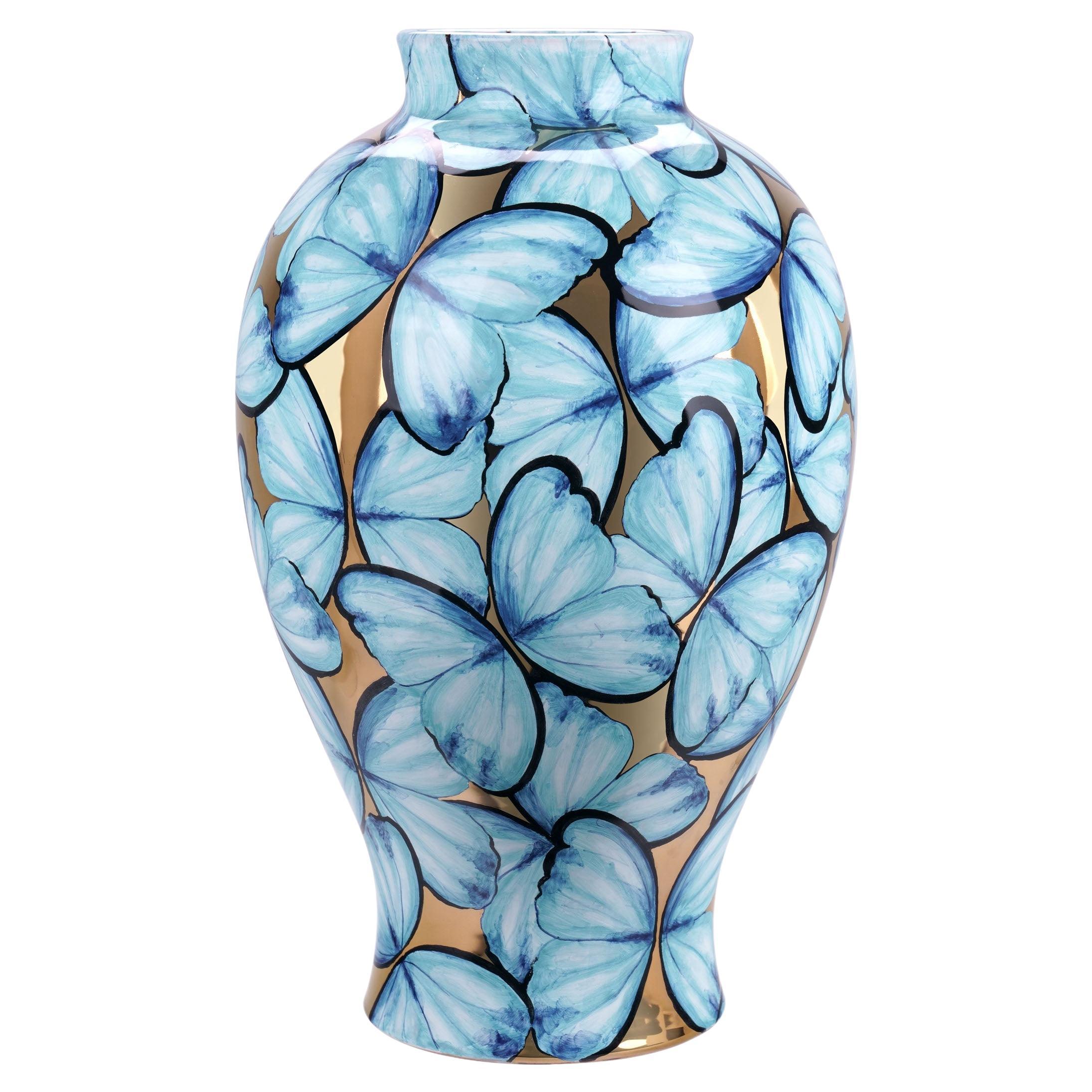 Blue Ceramic Vase Butterflies 24 Kt Gold Luster Hand Painted Decorative Vessel