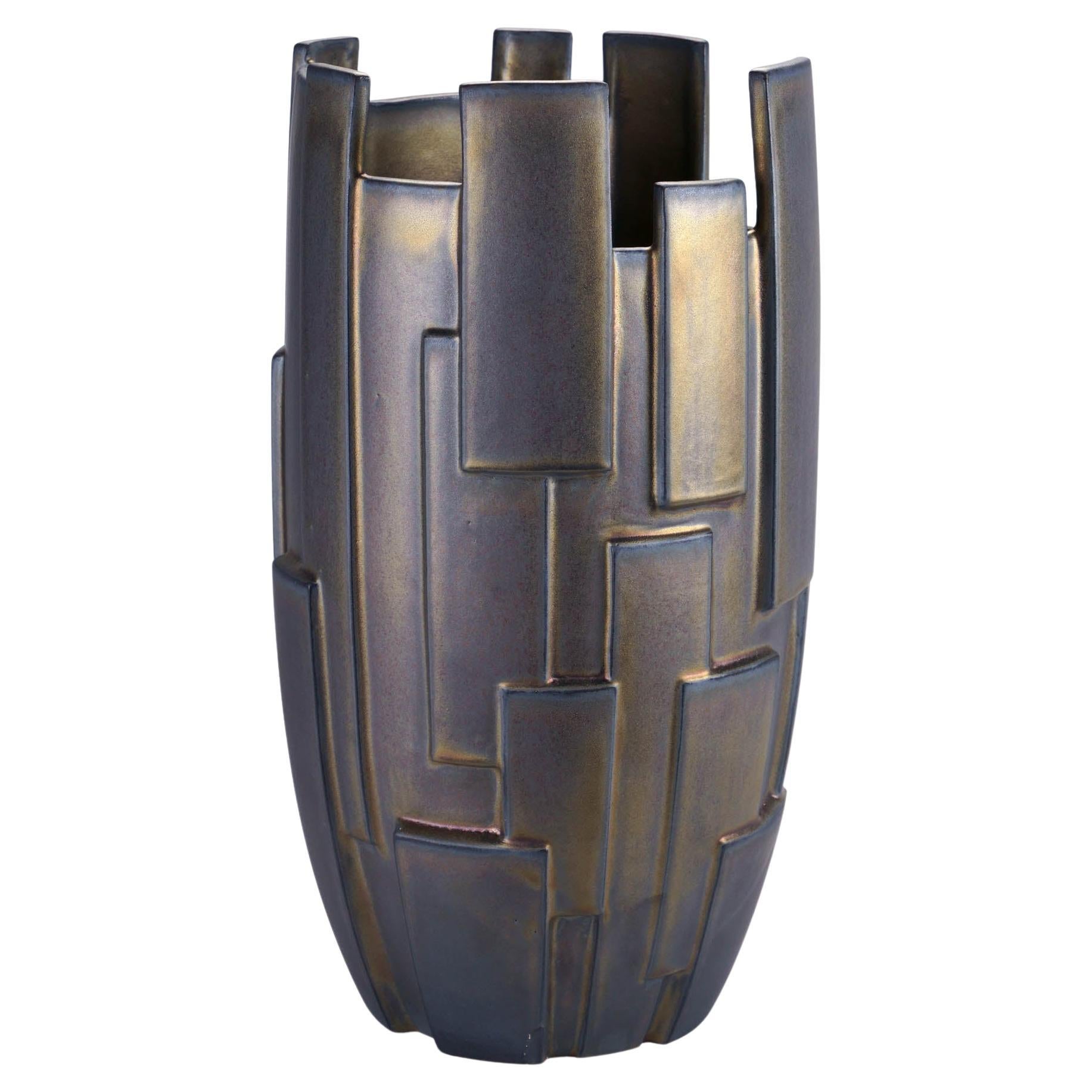 Sculpture Geometric Ceramic Vase Vessel Special Iridescent Bronze Glazed Italy