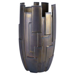 Sculpture Geometric Ceramic Vase Vessel Special Iridescent Bronze Glazed Italy