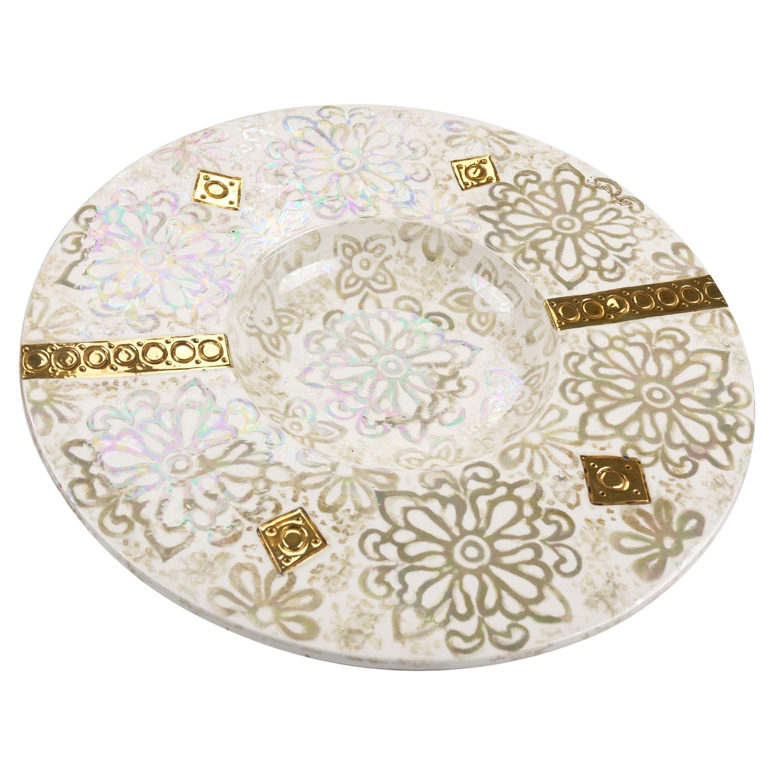 White Decorative Centerpiece Plate Floral Motif, Mother of Pearl, Luster Gold