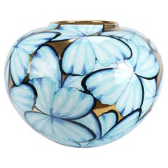 Grande vaso in ceramica dipinto a mano con farfalle azzurre, oro 24kt, Italia