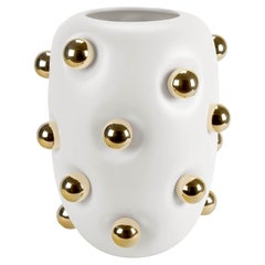 Matte White Ceramic Vase with Gold Spheres, Contemporary Design, Made in Italy