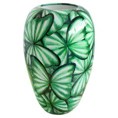Italian Green Majolica Vase Butterfly-Decorated Hand-Painted Sculptural Ceramic