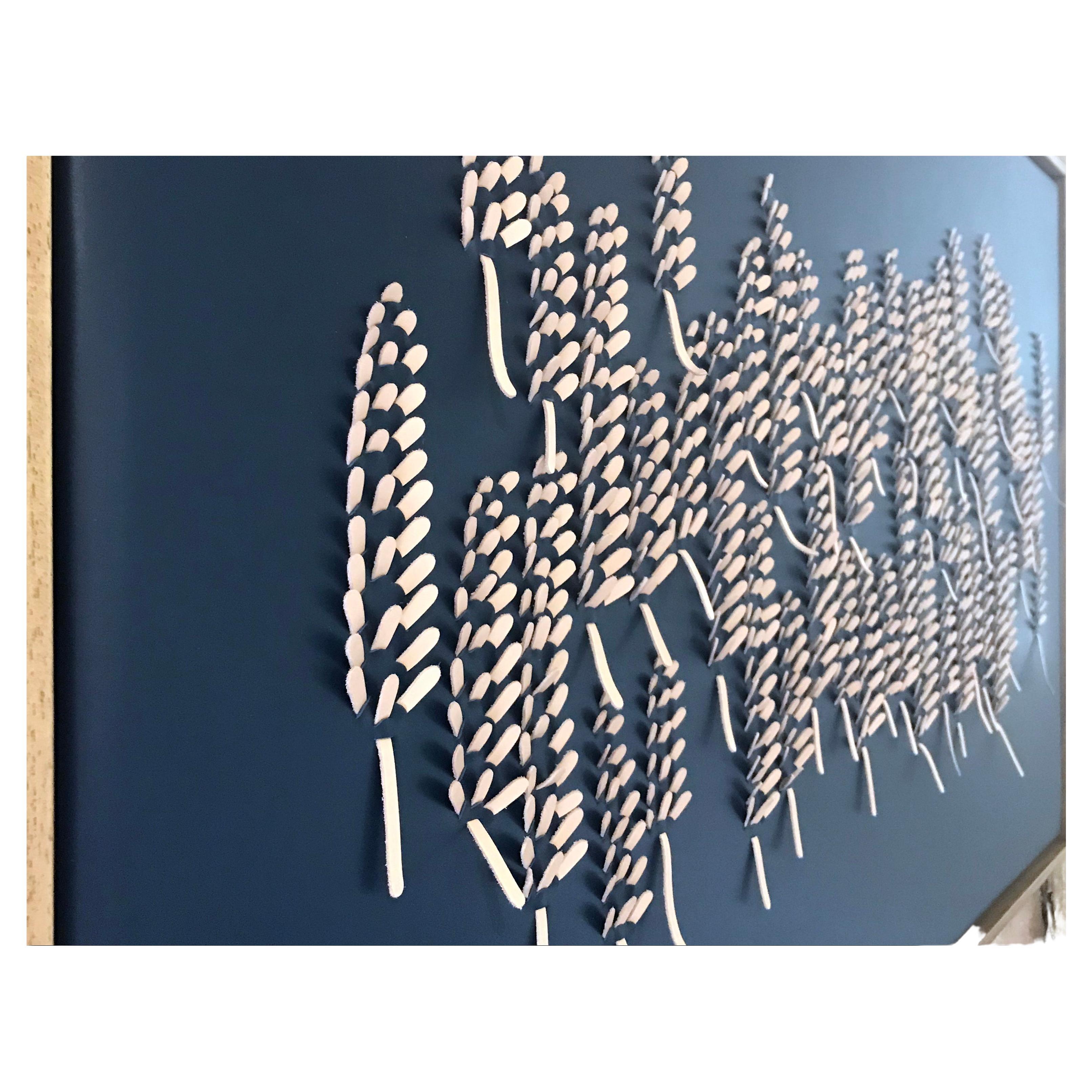 Lavender:

A piece of 3D sculptural wall art designed and made from two layers of leather, one blue one pink, woven together by Louise Heighes.
Measurements are 31 x 49 inches or 79 x 124 cm

This piece of wall art is inspired by the tiny