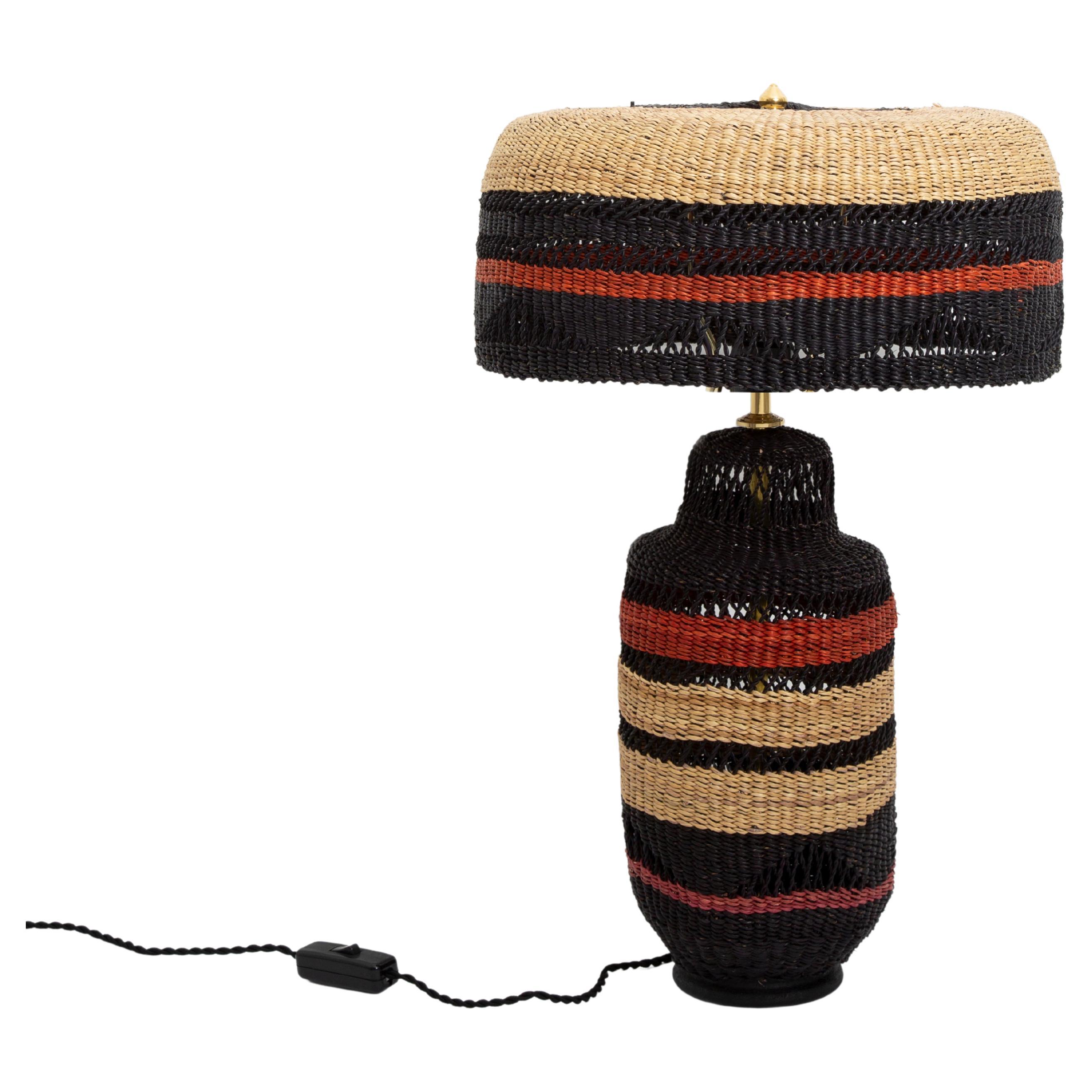 Contemporary Ethnic Table Lamp Striped Handwoven Straw Black Terracotta