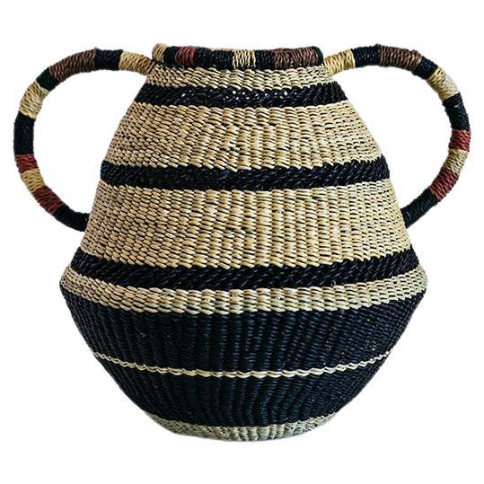 Contemporary Golden Editions Small Pot or Vase Handwoven Straw Striped Handle