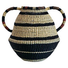 Contemporary Golden Editions Small Pot or Vase Handwoven Straw Striped Handle