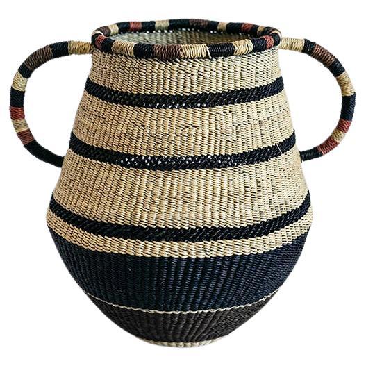 Contemporary Ethnic Handwoven Straw basket Striped Handle Natural Black
