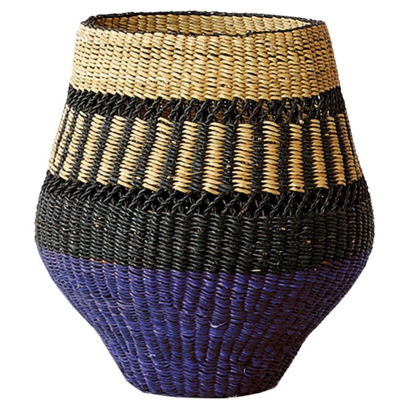 Contemporary Ethnic Handwoven Straw Basket Vase Natural Indigo blue and black
