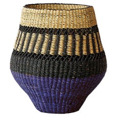 Contemporary Ethnic Handwoven Straw Basket Vase Natural Indigo blue and black