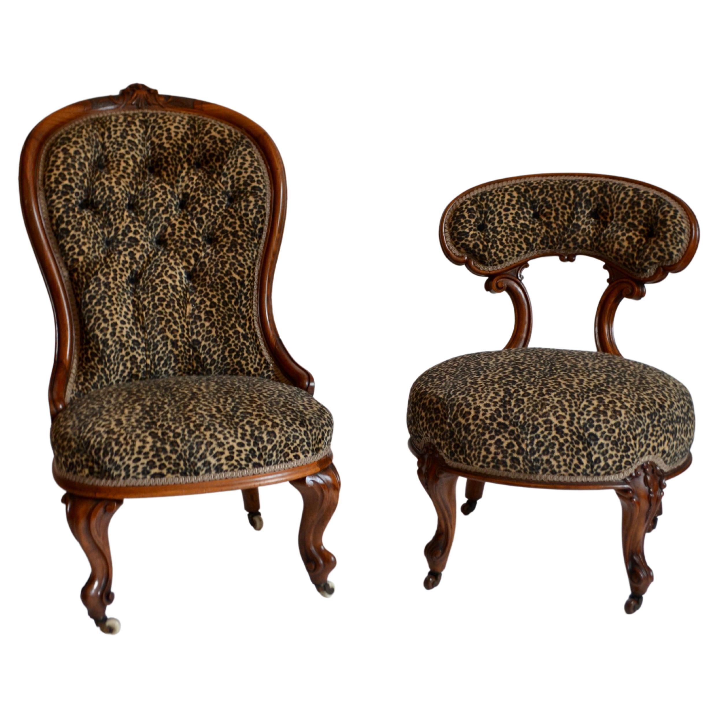 Pair of Victorian Walnut Chairs Upholstered in Faux Leopard Skin, 19th Century For Sale