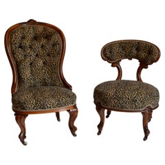 Pair of Victorian Walnut Chairs Upholstered in Faux Leopard Skin, 19th Century