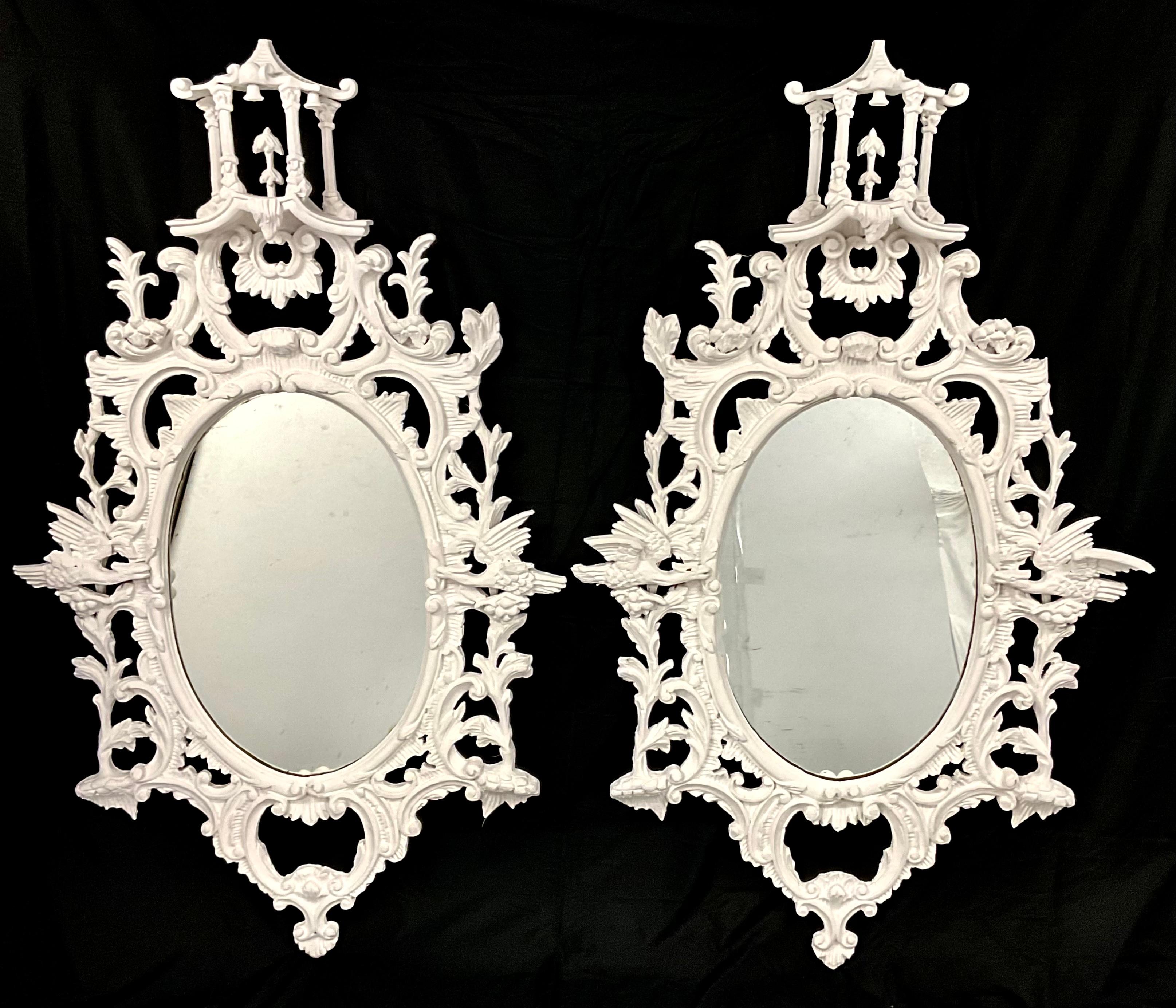 Hand-Carved Pair of 19th Century White Chinese Chippendale Mirrors