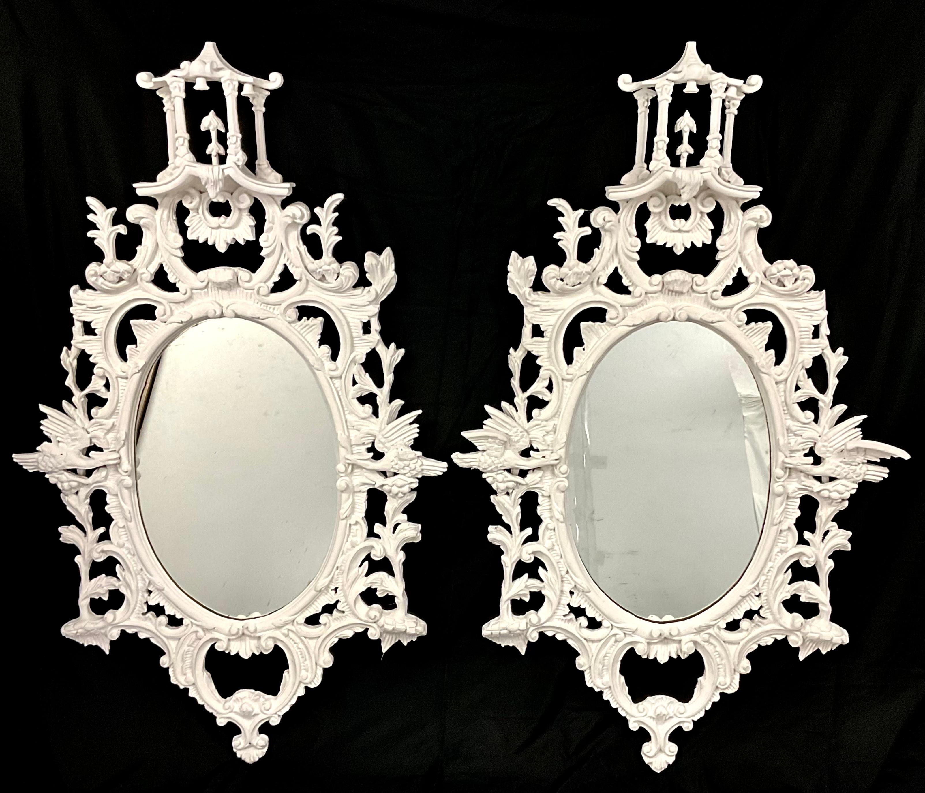 Pair of 19th Century White Chinese Chippendale Mirrors In Fair Condition In Bradenton, FL