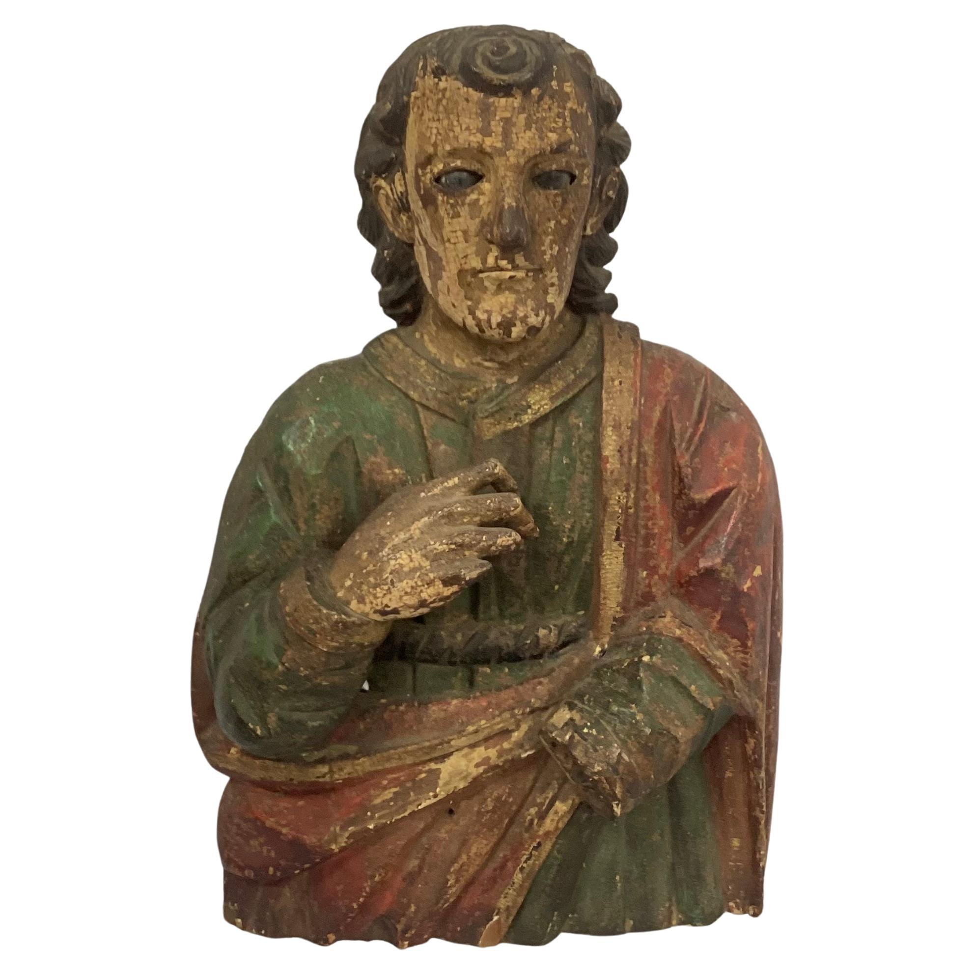 18th Century Carved & Polychrome Bust of a Saint For Sale