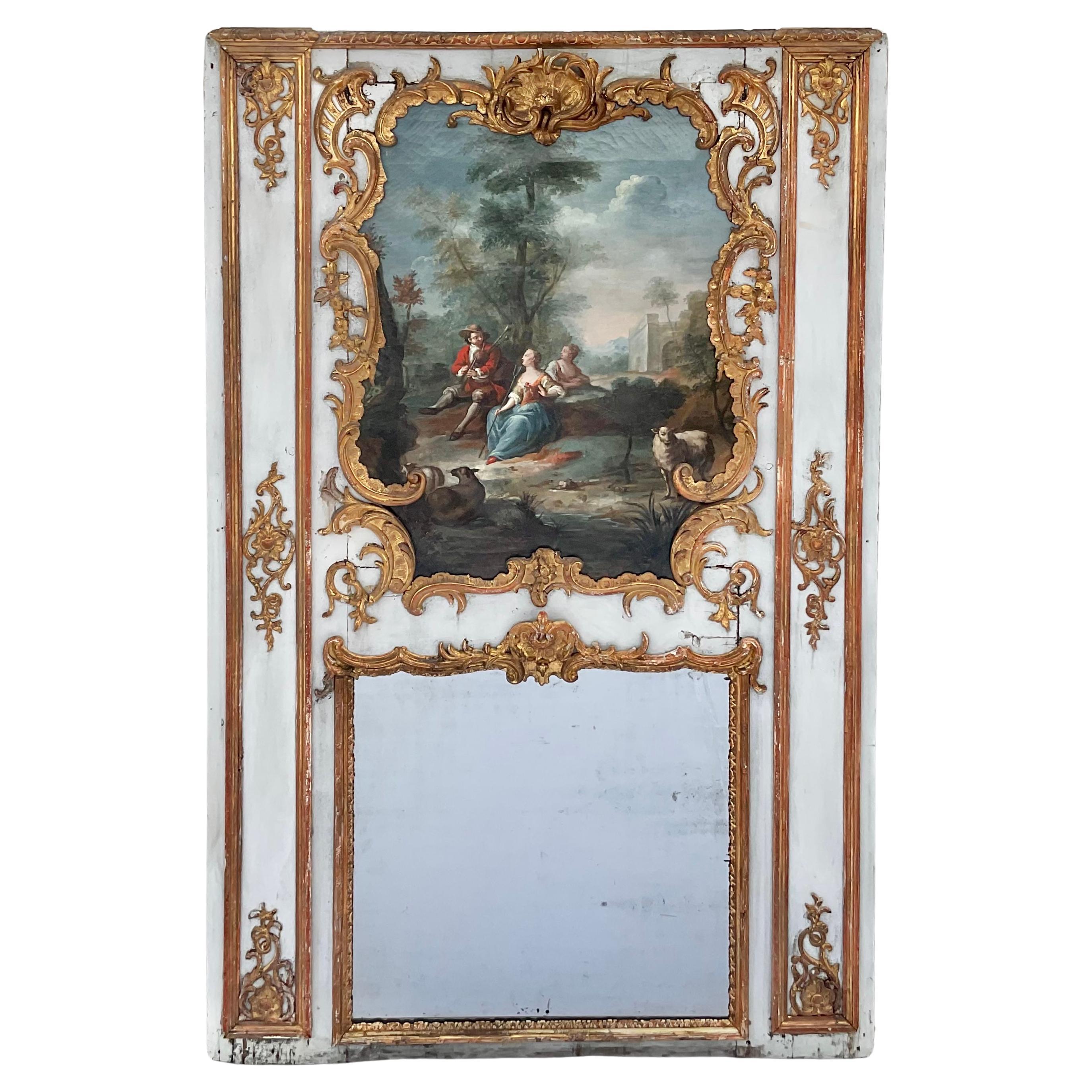 Monumental 18th Century French Giltwood Trumeau Mirror with Original Painting