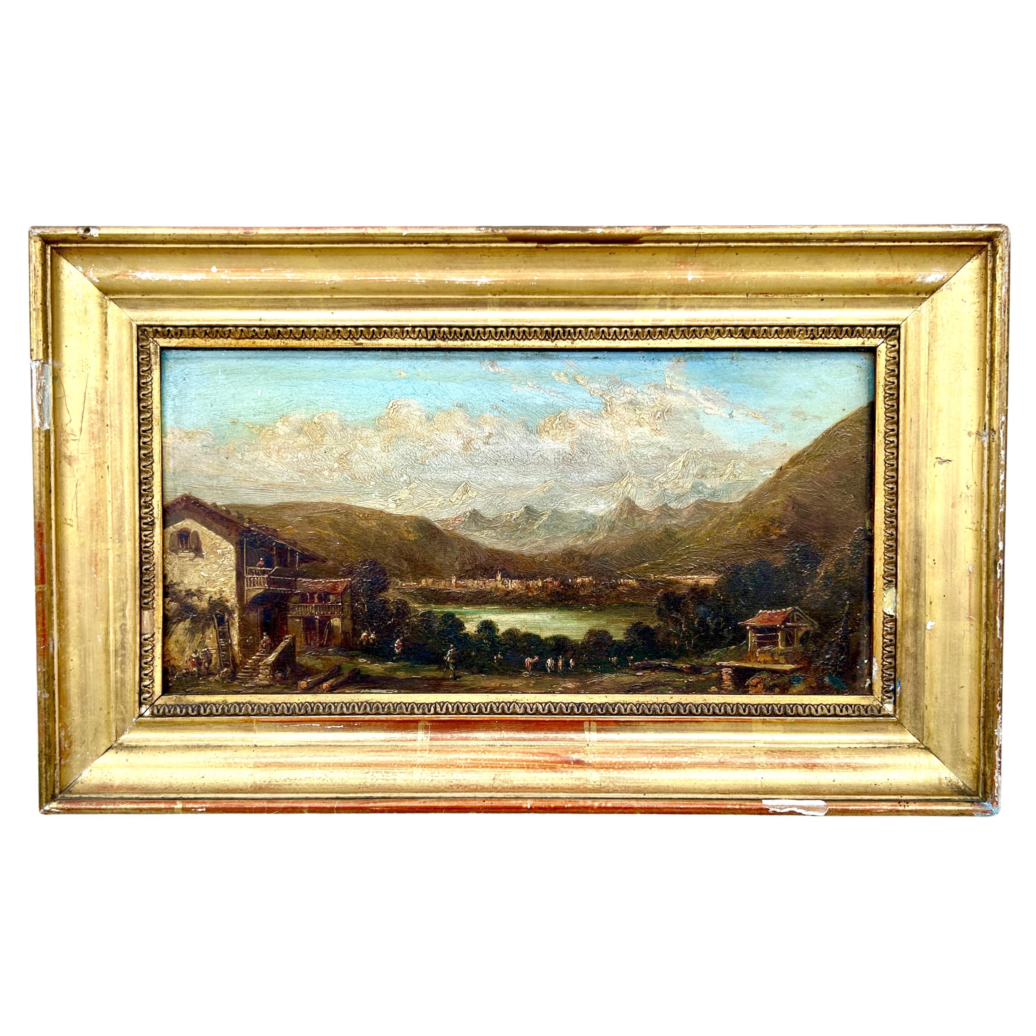 Huile sur panneau, paysage de montagne européen du 19e siècle en vente