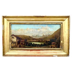 Antique 19th Century European Mountain Landscape Oil On Board